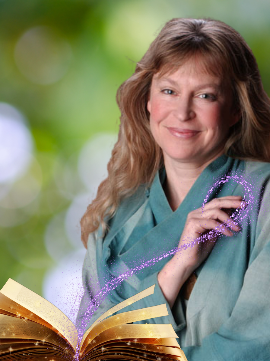 A gentle and smiling woman with long, dark-blonde hair casts a glittering purple spell from her fingertips, which lands on an open book.