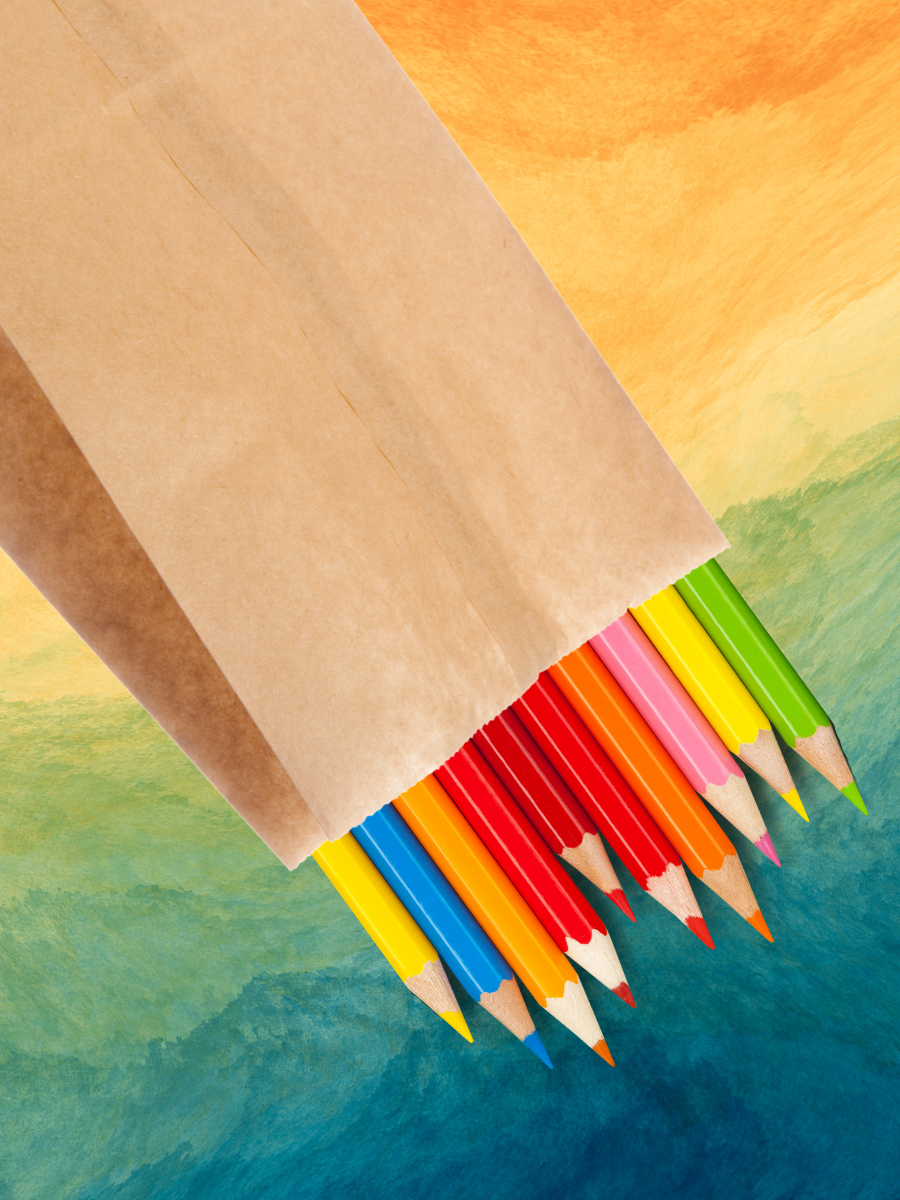 paper bag with colored pencils