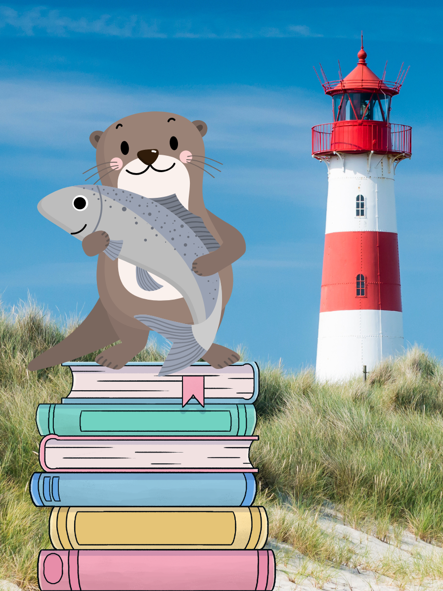 A cartoon sea otter hangs out on the beach and holds a fish while standing atop a stack of books; a striped red and white lighthouse rises in the background.