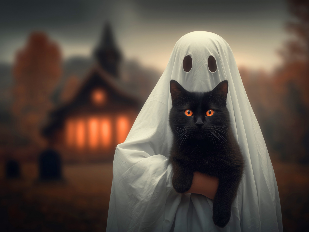 ghost holding a black cat in front of house with lit-up windows