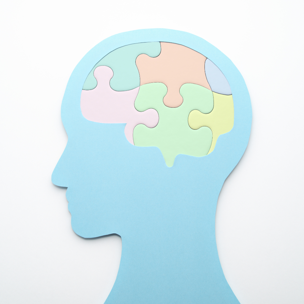 A light blue silhouette&nbsp;of a human head with pastel colored puzzle pieces representing the brain