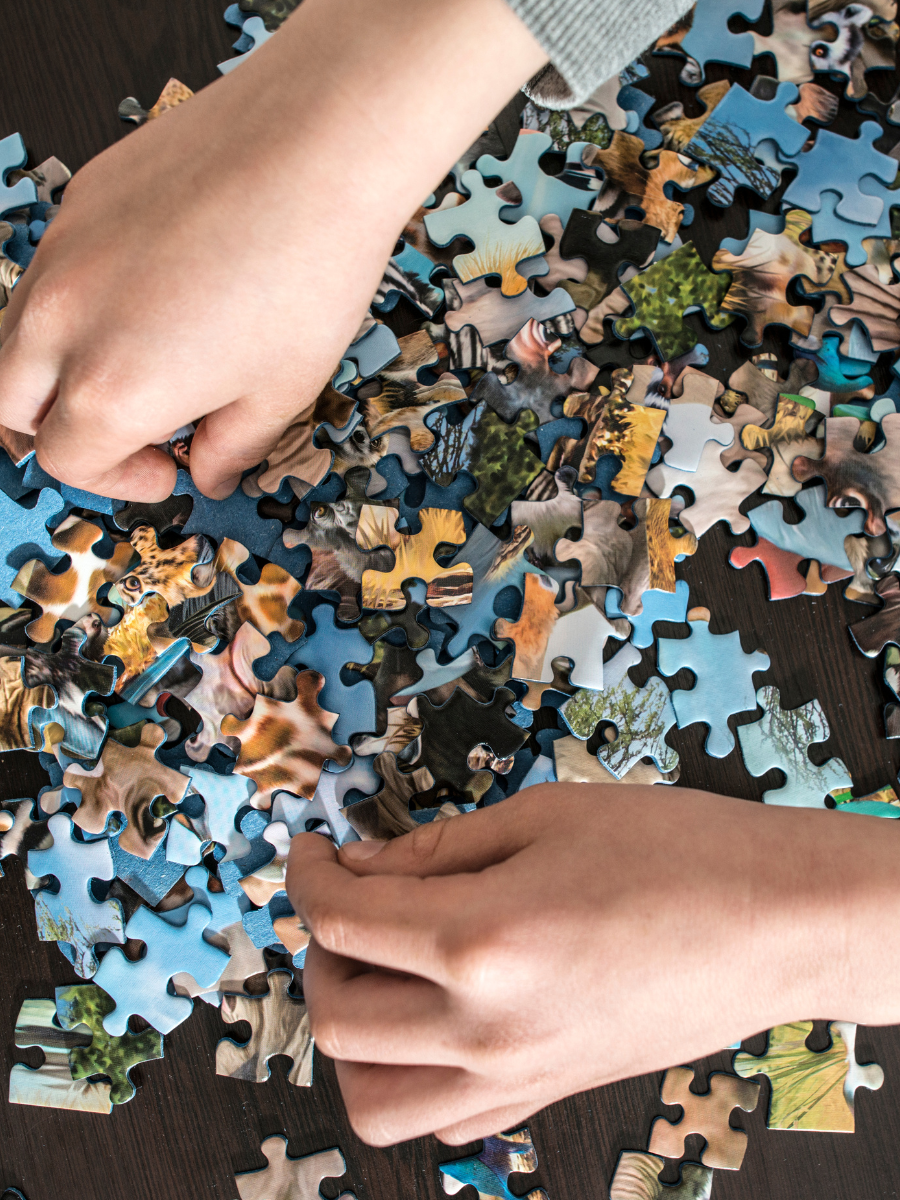 hands completing a jigsaw puzzle