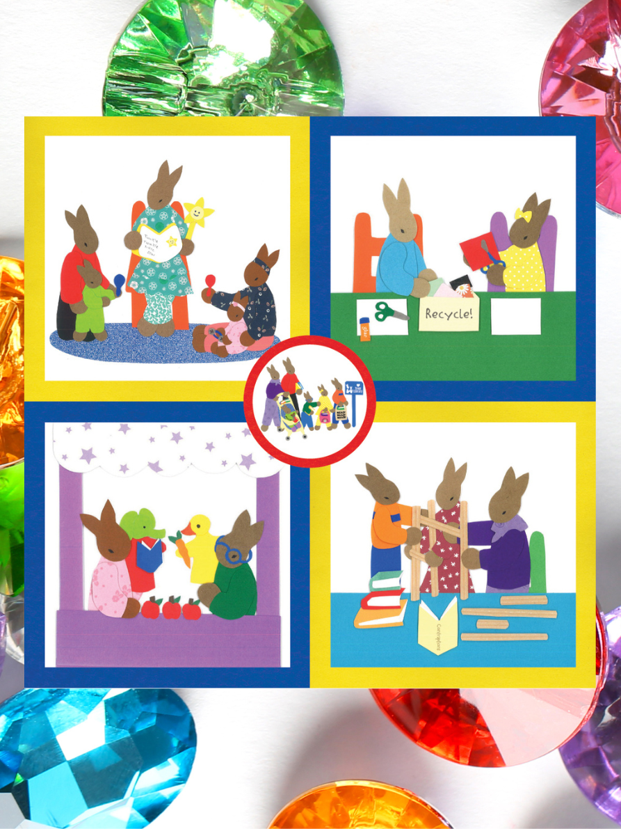 Official art for "Take Your Child to the Library Day" (rabbits reading, done in a mixed-media style) is overlain on a background of sparkling jewels.