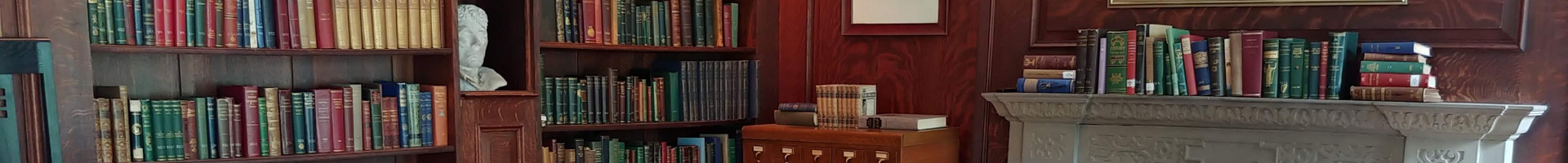 Book Shelves, bust, and fireplace.